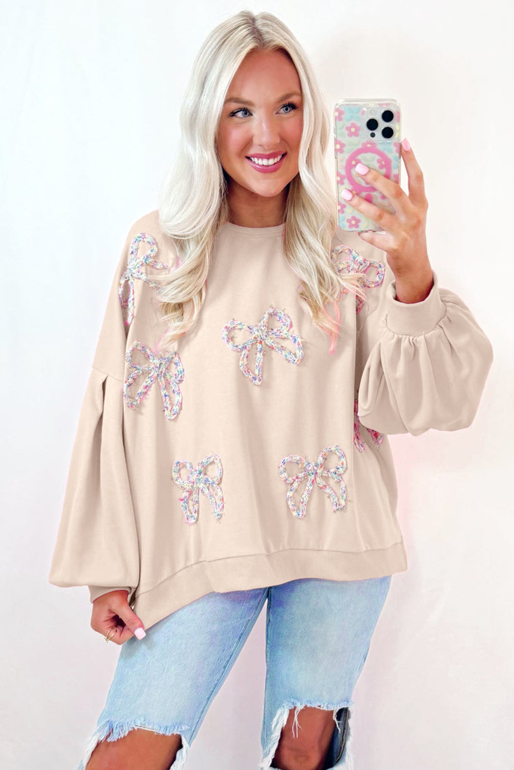 Parchment Embroidered Bow Lantern Sleeve Oversized Pullover Sweatshirt