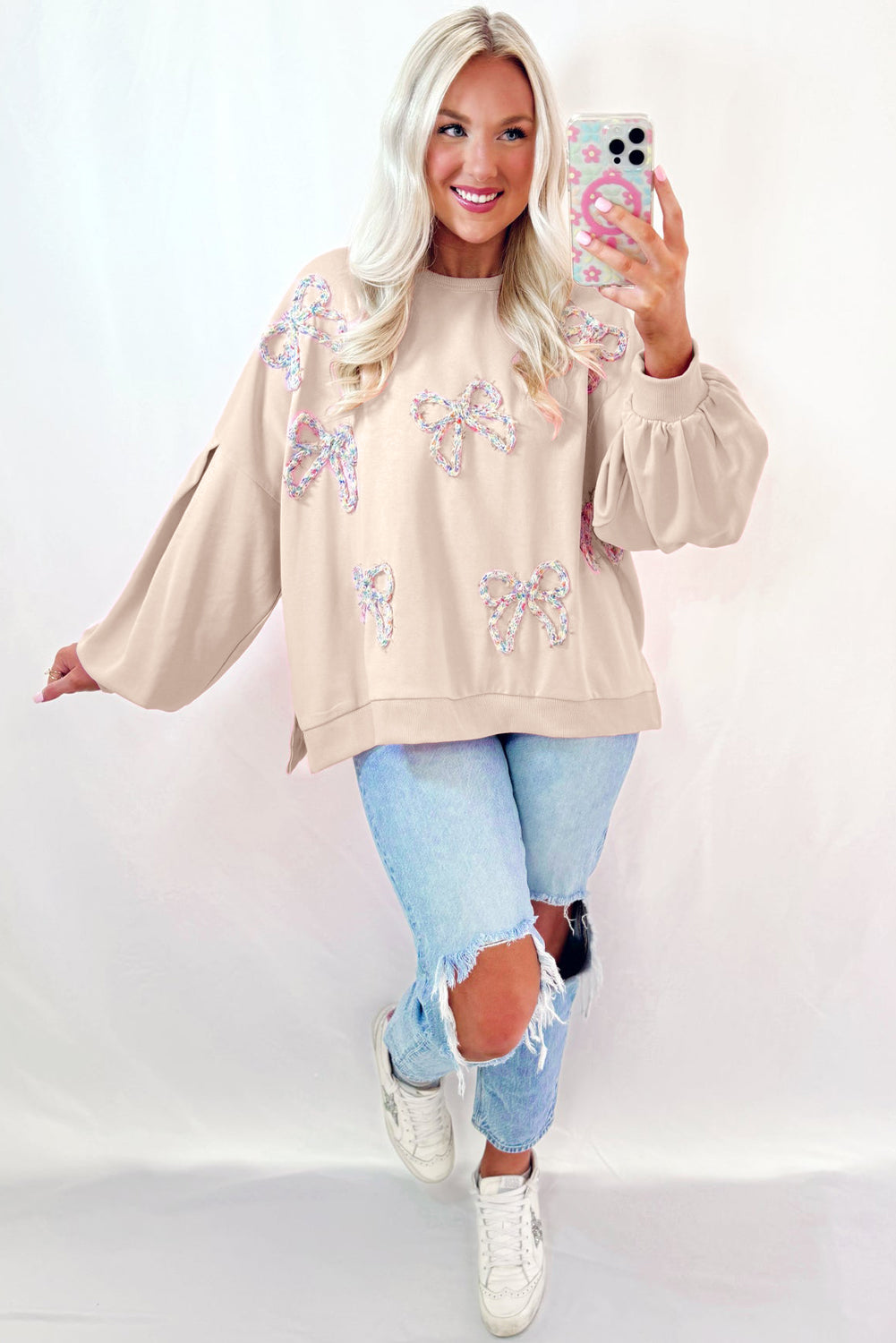 Parchment Embroidered Bow Lantern Sleeve Oversized Pullover Sweatshirt