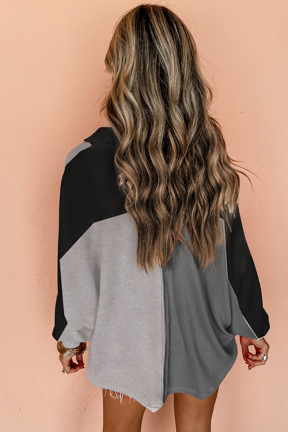 Gray Colorblock Ribbed Collared Oversized Sweatshirt