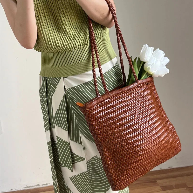 Japanese top layer cowhide hand woven shoulder bag  retro leather