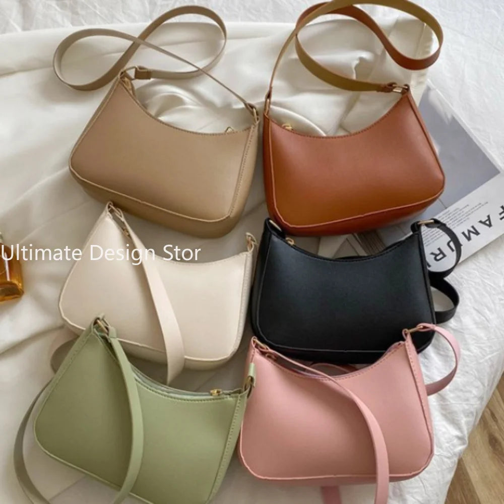 Retro Solid Color PU Leather Shoulder Underarm Bag Women's Fashion