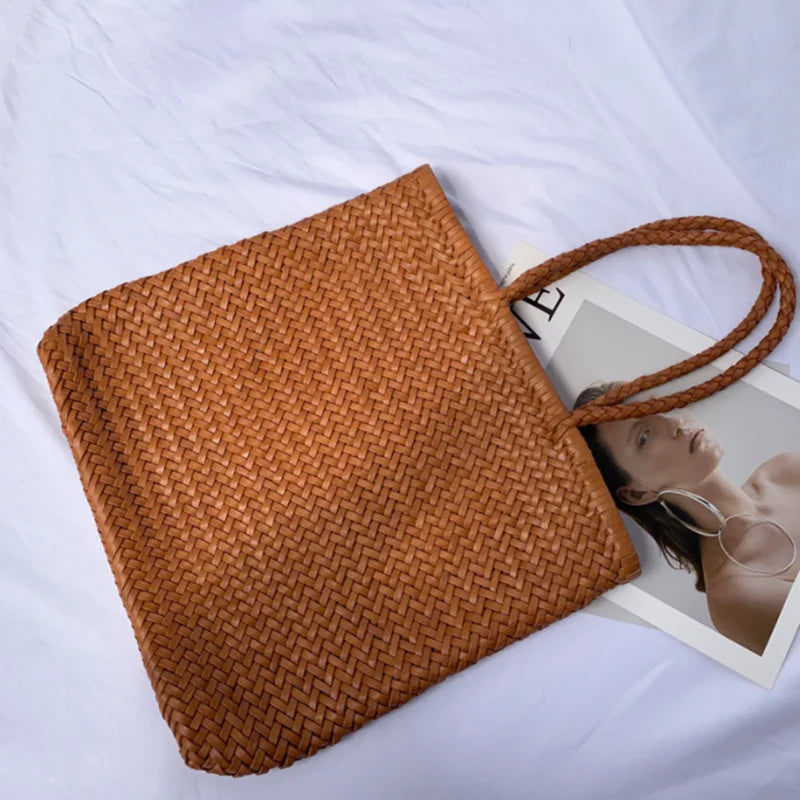 Japanese top layer cowhide hand woven shoulder bag  retro leather