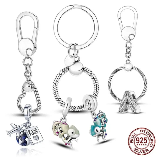 Authentic 925 Sterling Silver Moments Bag Charm Holder Key Ring Set