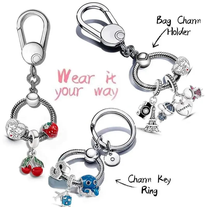 Authentic 925 Sterling Silver Moments Bag Charm Holder Key Ring Set