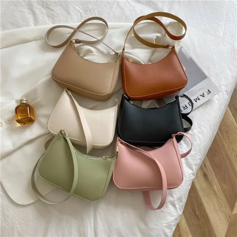 Retro Solid Color PU Leather Shoulder Underarm Bag Women's Fashion