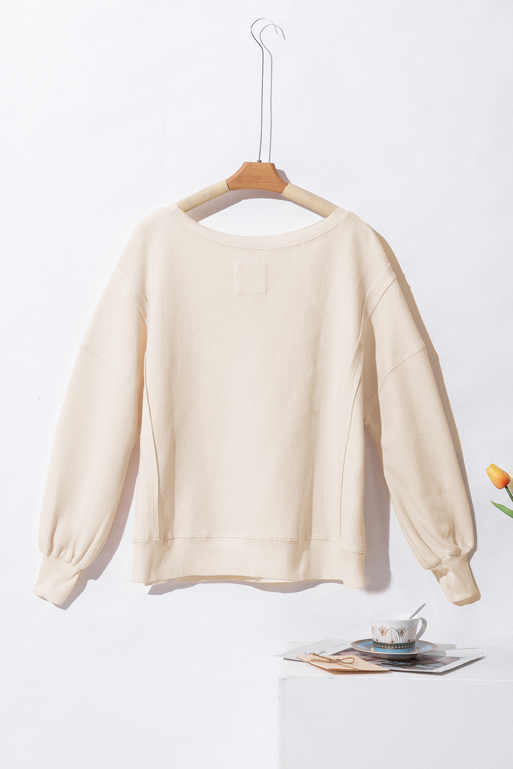 White Waffle knit Bishop Sleeve Split Oversized Top